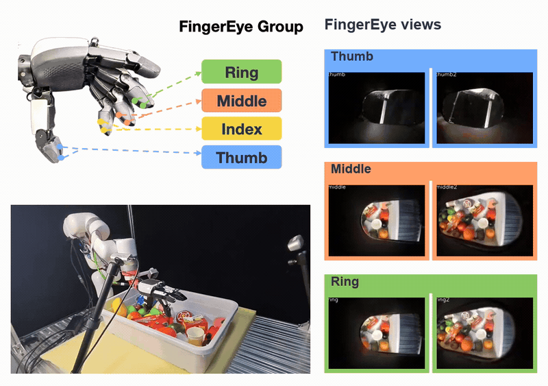 DexEyeGrasp: hand and FingerEye color-code diagram at top left, global grasping view below, and synchronized FingerEye views on the right